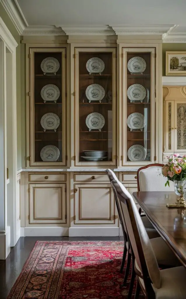 A traditional dining room showcasing a classic china cabinet with glass doors and wooden shelving. The cabinet displays fine china with intricate patterns, while the surrounding space features a large dining table, upholstered chairs, and a rich Persian rug underfoot.