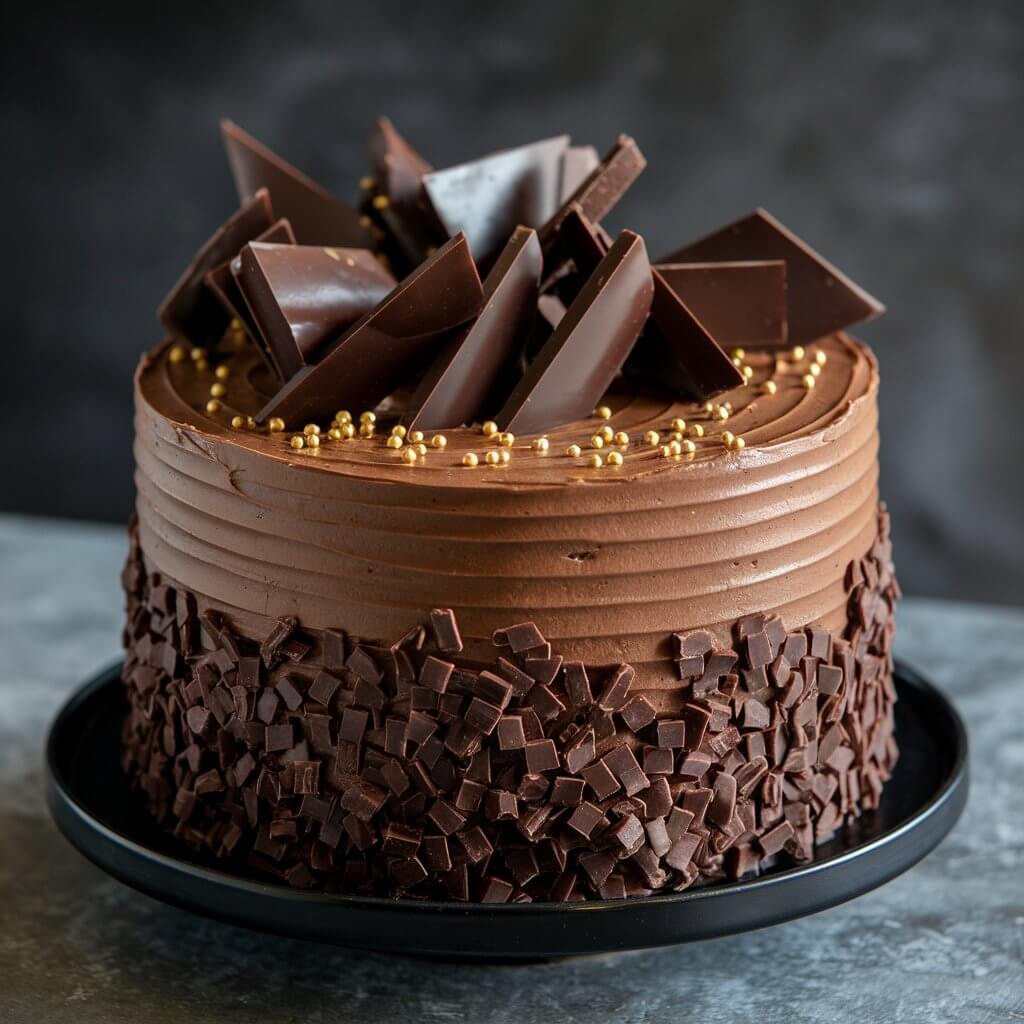 A photo of a classic chocolate birthday cake with deep, dark layers and a smooth, glossy ganache frosting. The cake is topped with elegant chocolate shavings and gold sprinkles for a luxurious touch. Perfect for a masculine and sophisticated birthday celebration, it's served on a sleek black cake stand.