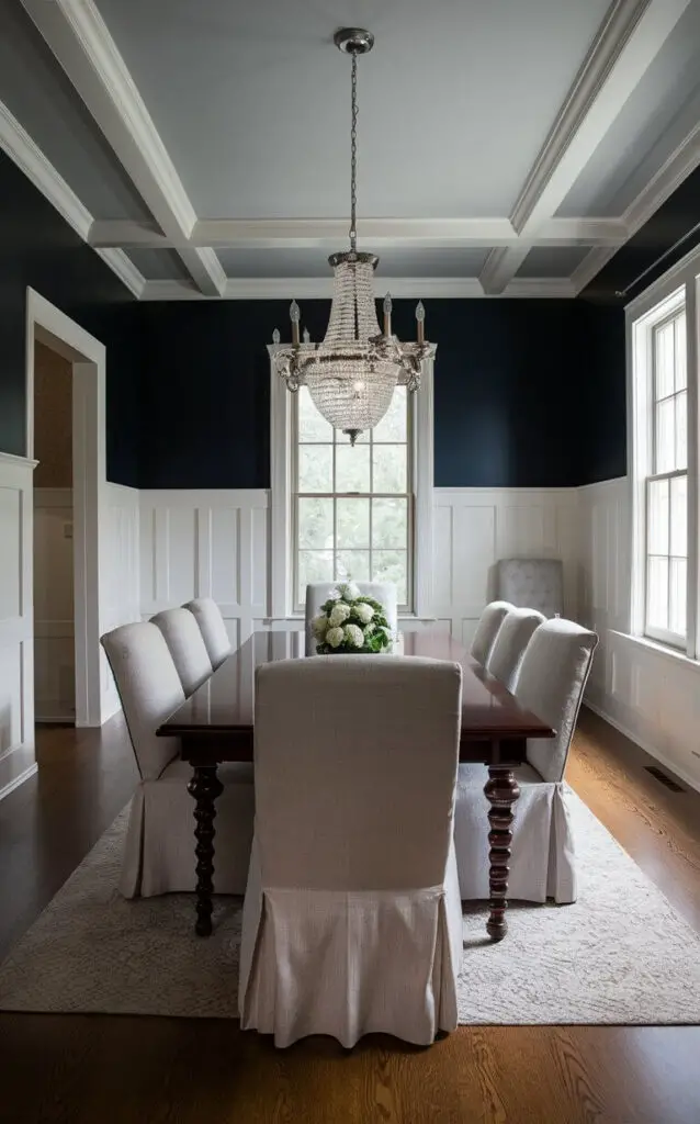 A traditional dining room painted in deep navy blue, accented by crisp white wainscoting and ceiling trim. The dark walls create a cozy atmosphere, contrasted by light-colored upholstered chairs and a polished mahogany table. The room is illuminated by a grand chandelier and natural light from large windows.