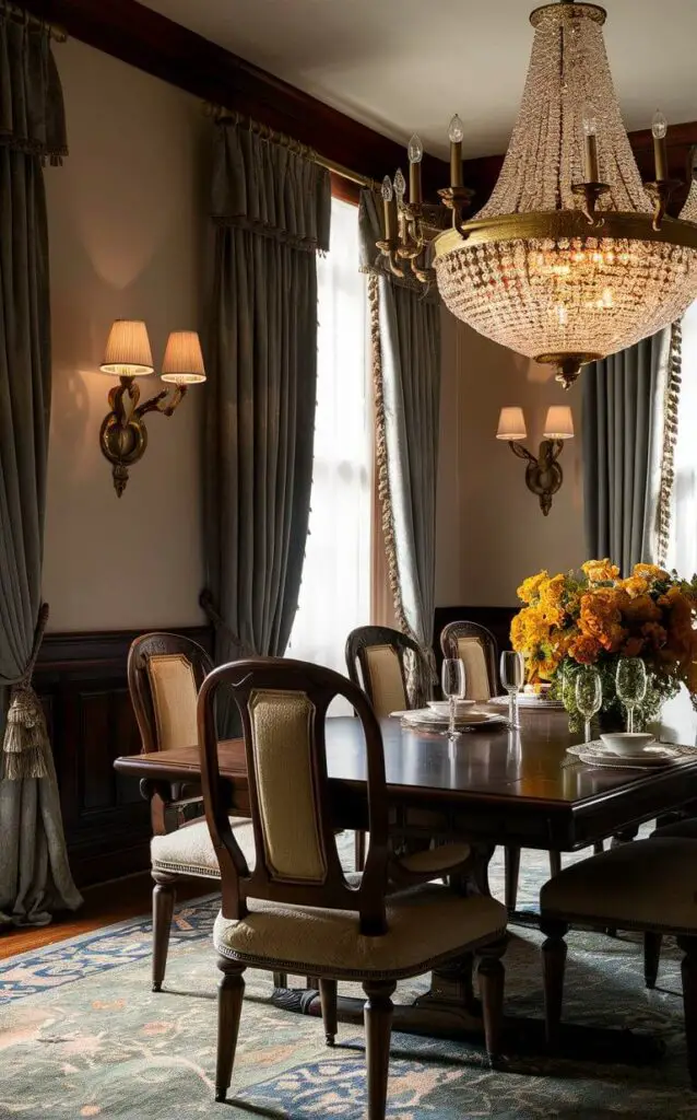 A traditional dining room with classic wall sconces and a grand chandelier, both featuring intricate designs in brass. The warm lighting enhances the rich wood tones of the dining table and chairs, while the room is further accentuated by heavy drapes and a patterned rug.