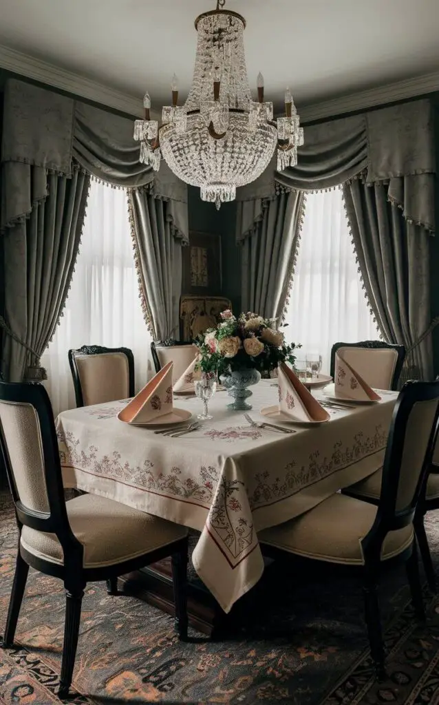 A traditional dining room set with classic table linens, including an embroidered tablecloth and matching napkins. The dining table is surrounded by dark wood chairs with upholstered seats, and the room is accented by a grand chandelier, heavy drapes, and a patterned rug.