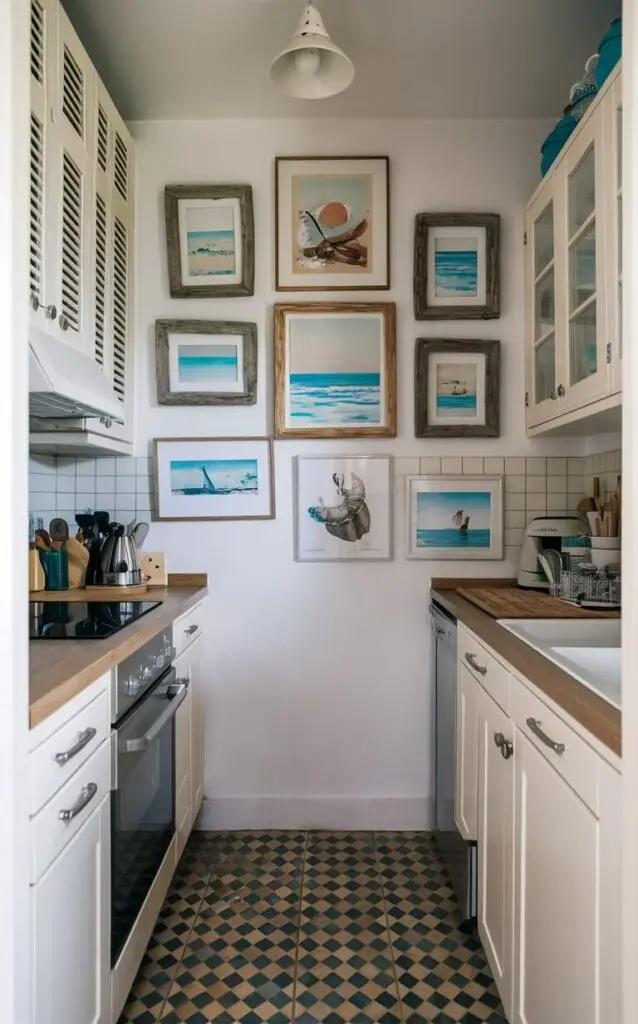 A small coastal kitchen with walls adorned with framed coastal art, including prints of sea life and beach landscapes. The artwork is displayed in simple white and driftwood frames, adding personality and enhancing the kitchen’s seaside theme.