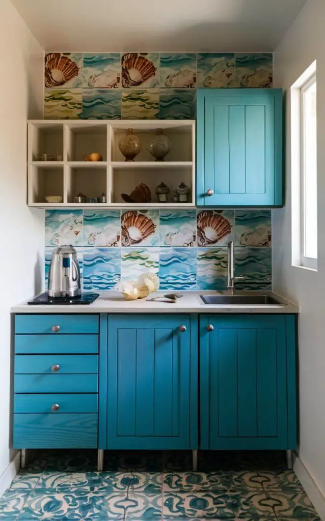 A small coastal kitchen featuring a backsplash with coastal-inspired tiles, including designs of waves and seashells. The tiles are in shades of blue and green, adding a playful yet elegant focal point that enhances the overall beachy theme.