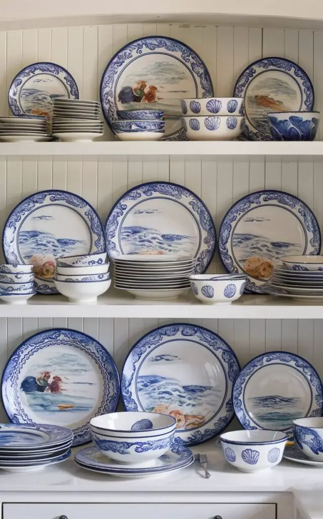 A charming coastal kitchen, showcasing a beautiful collection of blue and white themed tableware. The open shelves are adorned with plates and bowls featuring intricate sea-inspired designs, such as ocean waves and seashells. The overall aesthetic is serene and calming, reflecting the beauty of the coastal lifestyle. Pairing practicality with style, the tableware enhances the appeal of the kitchen, making it a delightful space to prepare and share delicious meals.