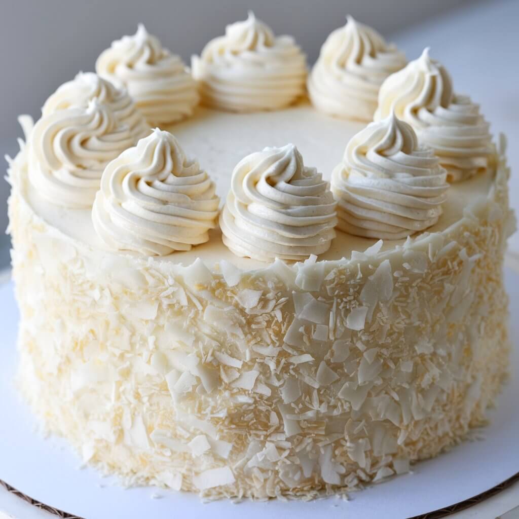 The image shows a round coconut cream cake topped with swirls of white frosting. The cake is covered in shredded coconut, giving it a snowy, textured appearance. The frosting swirls are evenly spaced around the top edge of the cake, and the overall presentation is elegant and inviting, perfect for a special occasion or celebration.