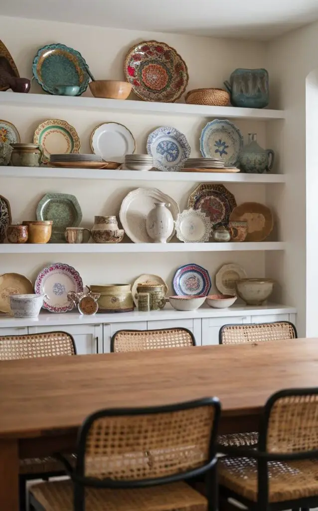 A boho dining room with open shelves displaying a collection of ceramics, including vintage plates and handmade bowls. The colorful and textured ceramics add character and charm. A wooden dining table and woven chairs enhance the boho vibe.