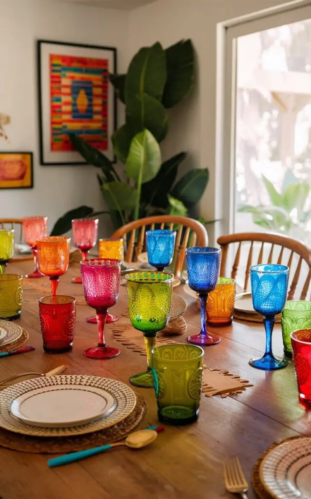 A boho dining room with a dining table set with colorful glassware in various hues and patterns. The vibrant glasses add a festive touch and make the dining experience more enjoyable. The wooden table and eclectic chairs enhance the lively boho atmosphere.