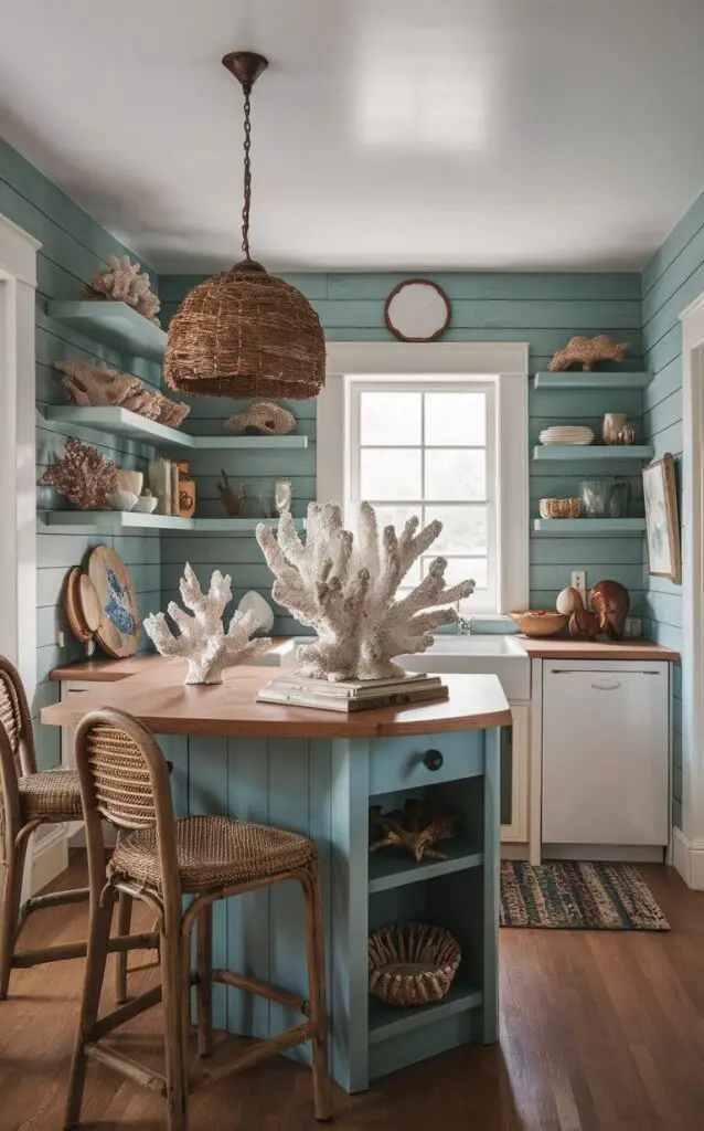 A small coastal kitchen decorated with coral pieces, including a large coral sculpture as a centerpiece on the kitchen island. Smaller coral accents are placed on open shelves, adding texture and an authentic coastal vibe to the room.