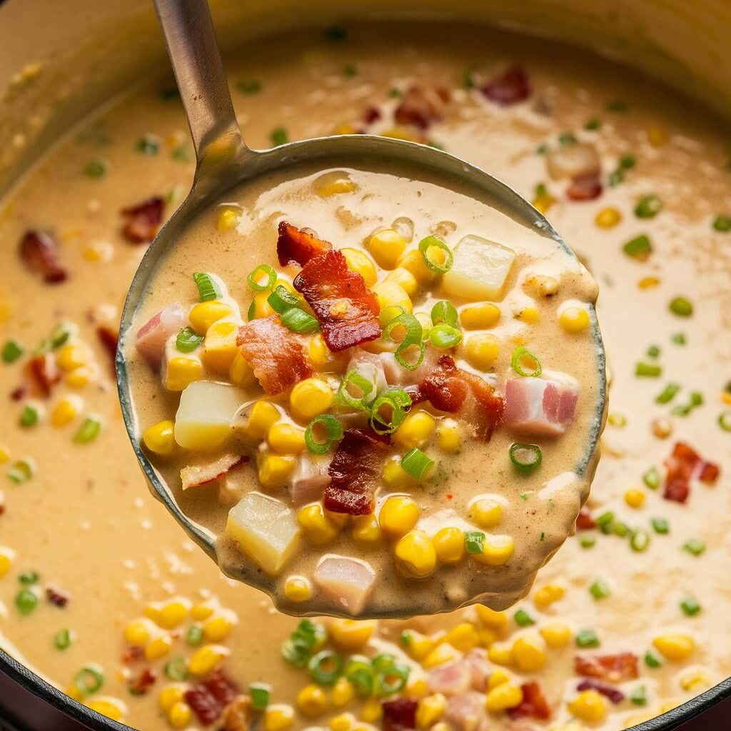 A close-up image of a creamy corn chowder being served. The chowder is rich and thick, filled with corn kernels, diced potatoes, crispy bacon bits, and garnished with chopped green onions. A metal ladle is held above the pot, showcasing a generous portion of the chowder, highlighting the hearty ingredients. The background reveals more of the chowder in the pot, emphasizing its creamy texture and the abundance of ingredients within the dish.