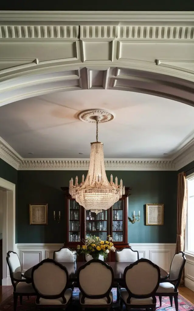 A traditional dining room with elegant crown molding framing the ceiling. The molding is painted in a crisp white, contrasting beautifully with the rich wall color. A grand chandelier hangs from the ceiling, illuminating a large wooden dining table and upholstered chairs.