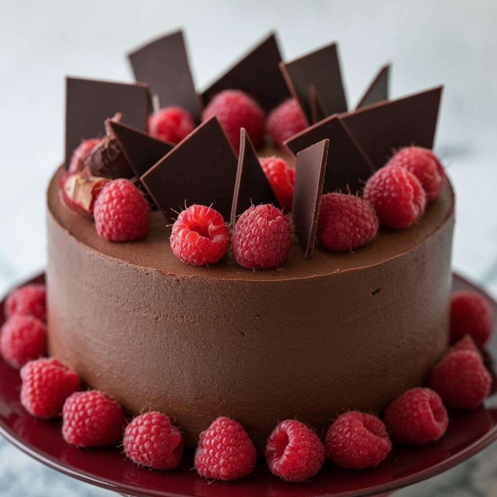 A photo of a plain dark brown chocolate raspberry cake. The cake is topped with fresh raspberries and chocolate shards, creating a visually striking contrast. It's served on a deep red cake plate, making it a bold choice for a memorable birthday celebration.