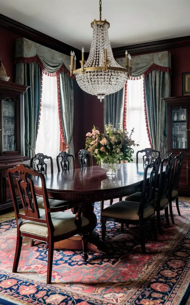 A traditional dining room with furniture in rich dark wood finishes, including a large dining table and matching chairs. The room’s deep mahogany tones are complemented by a crystal chandelier, heavy drapes, and an ornate rug with intricate patterns.