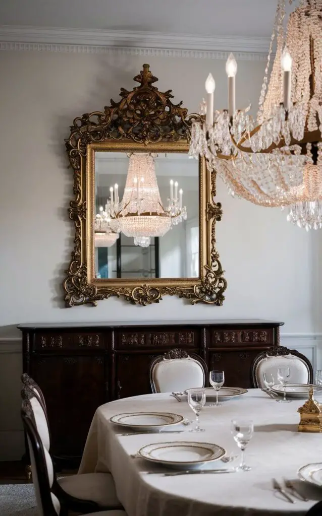 A traditional dining room with an ornate gold-framed mirror hanging above a dark wood sideboard. The mirror reflects the light from a grand chandelier, making the room appear more spacious and bright. The dining table is set with elegant dishware, creating a cohesive, luxurious atmosphere.