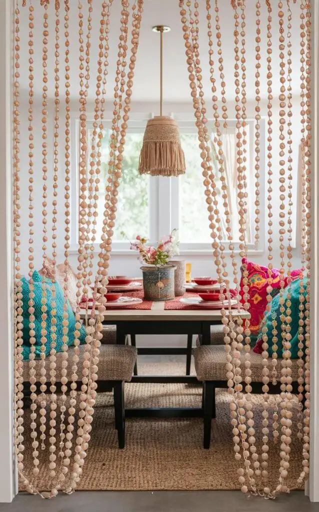 A boho dining room with beaded curtains framing a doorway or window. The beads add a playful and whimsical element to the space. The dining table is set with boho-inspired tableware, and a mix of colorful cushions enhances the cozy atmosphere.