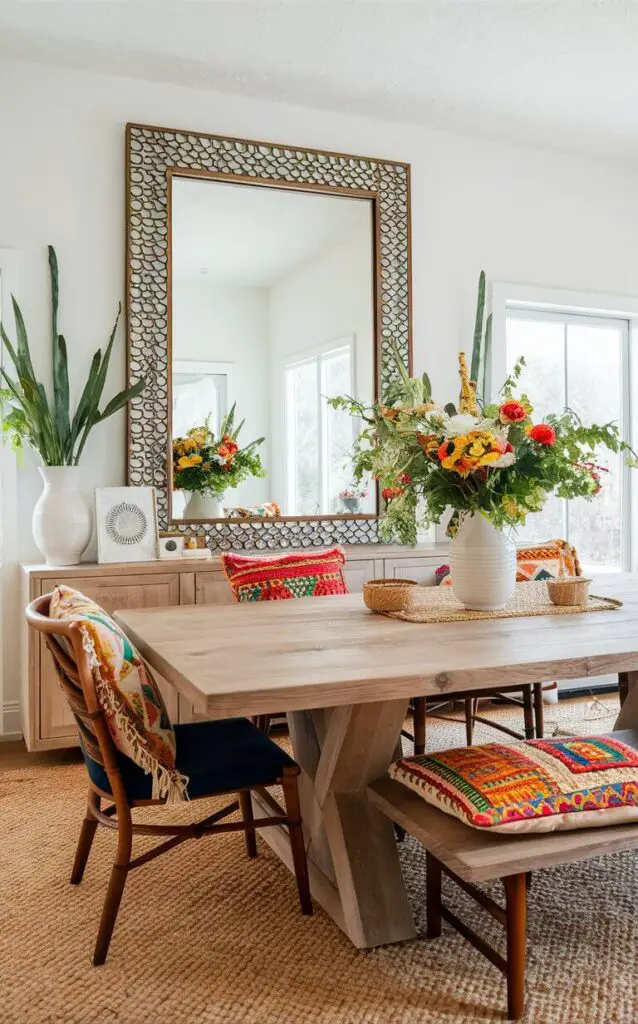 A boho dining room with a large mirror featuring a decorative frame. The mirror reflects light and makes the space feel larger. The wooden dining table and vibrant cushions add to the bright and inviting boho atmosphere.