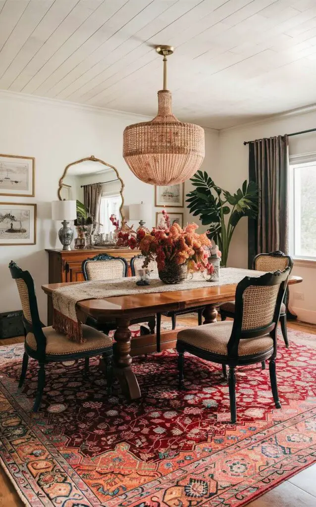 A boho dining room featuring a stunning Persian rug under the dining table. The intricate patterns and rich colors of the rug add elegance and warmth. The wooden dining table and vintage chairs complement the luxurious boho decor.