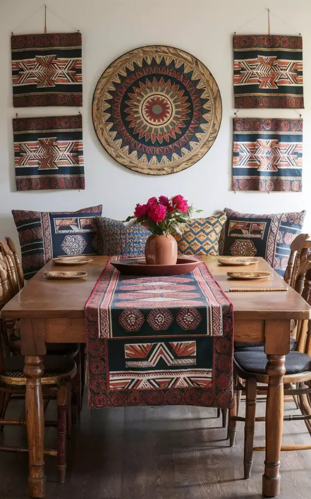 A boho dining room with tribal prints on cushions, table runners, and wall art. The bold patterns and rich colors add an exotic and adventurous feel. The wooden dining table and vintage chairs complete the eclectic boho look.