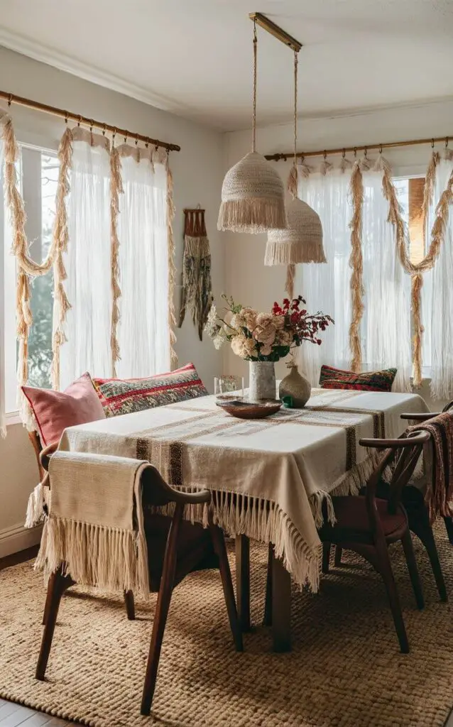 A boho dining room with fringe details on tablecloths, curtains, and cushions. The playful fringe adds movement and texture to the space. The wooden dining table and eclectic decor enhance the fun and dynamic boho vibe.