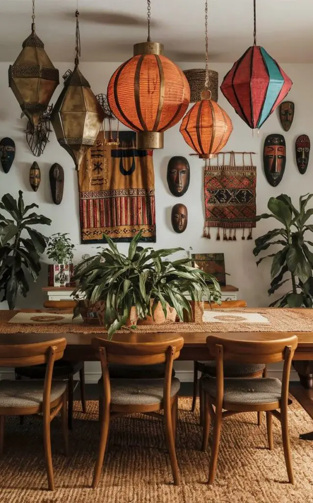 A boho dining room featuring global accents like Moroccan lanterns, Indian textiles, and African masks. These pieces bring a sense of adventure and cultural richness to the space. The wooden dining table and indoor plants complete the worldly boho decor.