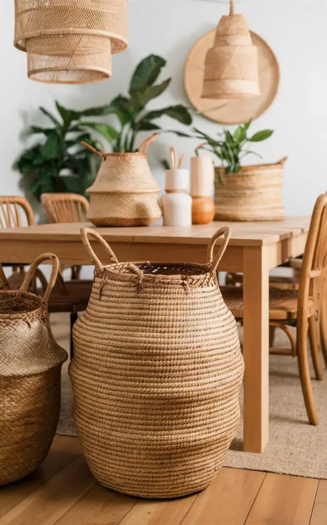 A boho dining room featuring woven baskets used for storage and decoration. The baskets add natural texture and organic shapes to the space. The wooden dining table and indoor plants complement the earthy, boho style.