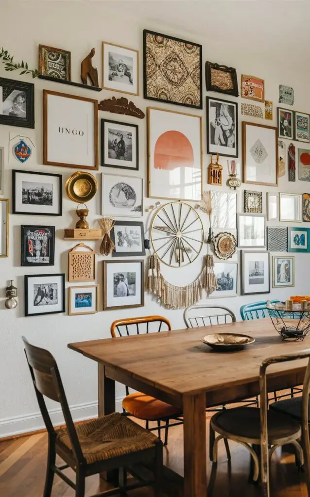 A boho dining room with a dynamic gallery wall displaying a mix of framed photos, artwork, and decorative items. The eclectic arrangement adds visual interest and reflects the boho spirit. A wooden dining table and mismatched chairs complete the look.