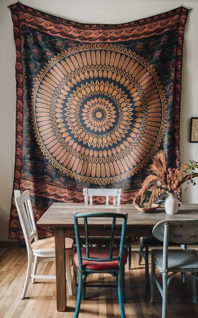 A boho dining room with a large tapestry hanging on the wall, adding color and texture to the space. The bold patterns and intricate design of the tapestry make a strong visual statement. The rustic dining table and mismatched chairs enhance the boho aesthetic.