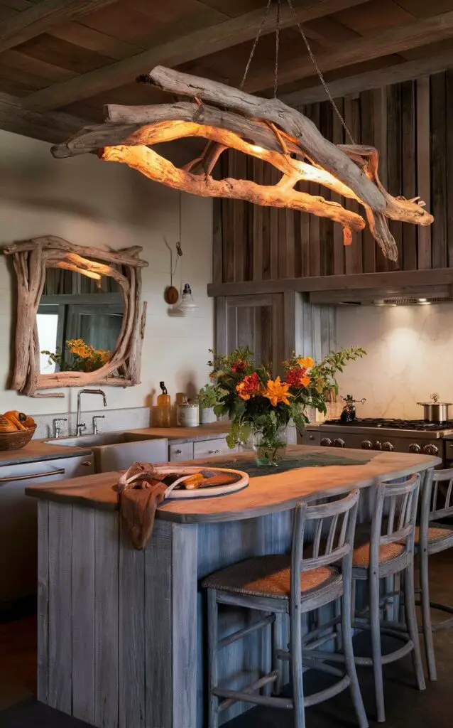 A cozy, rustic coastal kitchen adorned with driftwood accents, creating an enchanting atmosphere. A driftwood-framed mirror hangs on the wall, reflecting the warm, inviting space. Above the island, a unique driftwood light fixture casts gentle, ambient light, illuminating the room. The weathered wood adds charm and enhances the coastal theme, making it a perfect spot for preparing delicious ocean-fresh meals.