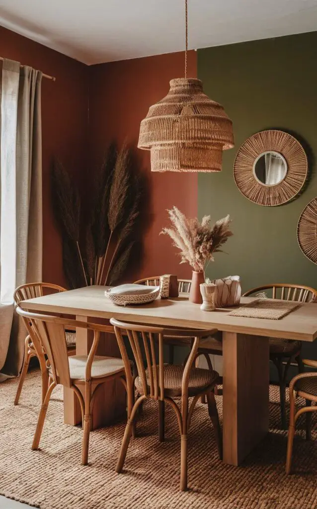 A boho dining room decorated in earthy tones like terracotta, olive green, and mustard yellow. These colors create a warm and inviting atmosphere. The wooden dining table and natural materials enhance the relaxed, boho aesthetic.