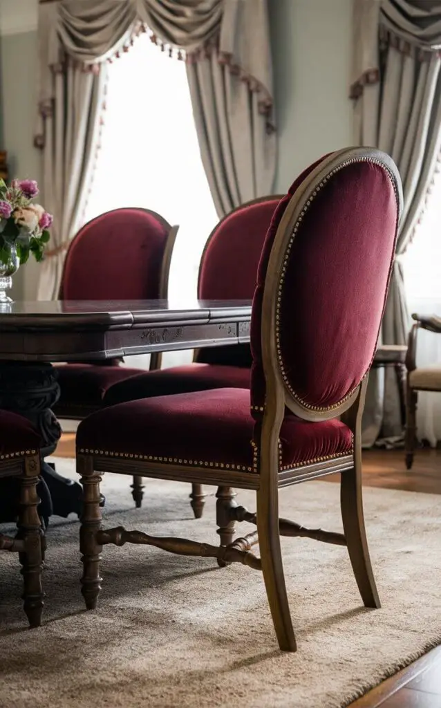 A traditional dining room featuring upholstered chairs with rich velvet fabric in deep burgundy. The chairs are positioned around a dark wood dining table with intricate carvings. A plush rug beneath the table and elegant drapes in the background complete the classic look.