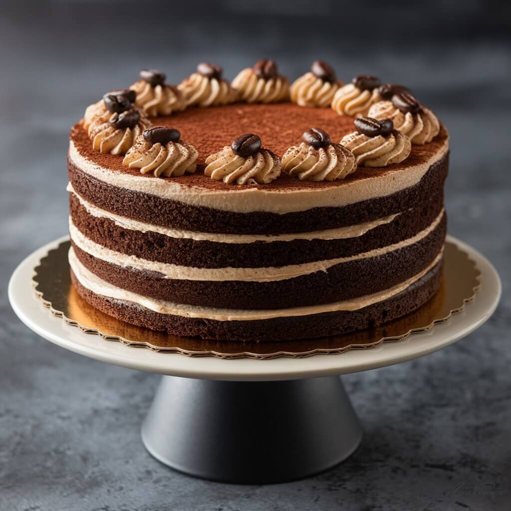 A photo of a coffee-infused espresso birthday cake with rich, dark layers and creamy coffee frosting. The cake is decorated with coffee beans and a dusting of cocoa powder on top, giving it a refined, masculine appearance. It's served on a modern, minimalist cake stand with a sleek design.