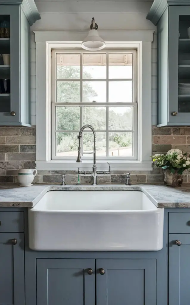 A small coastal kitchen featuring a classic white farmhouse sink. The deep basin is framed by light blue cabinets and paired with a sleek stainless steel faucet, blending practicality with a timeless coastal design.