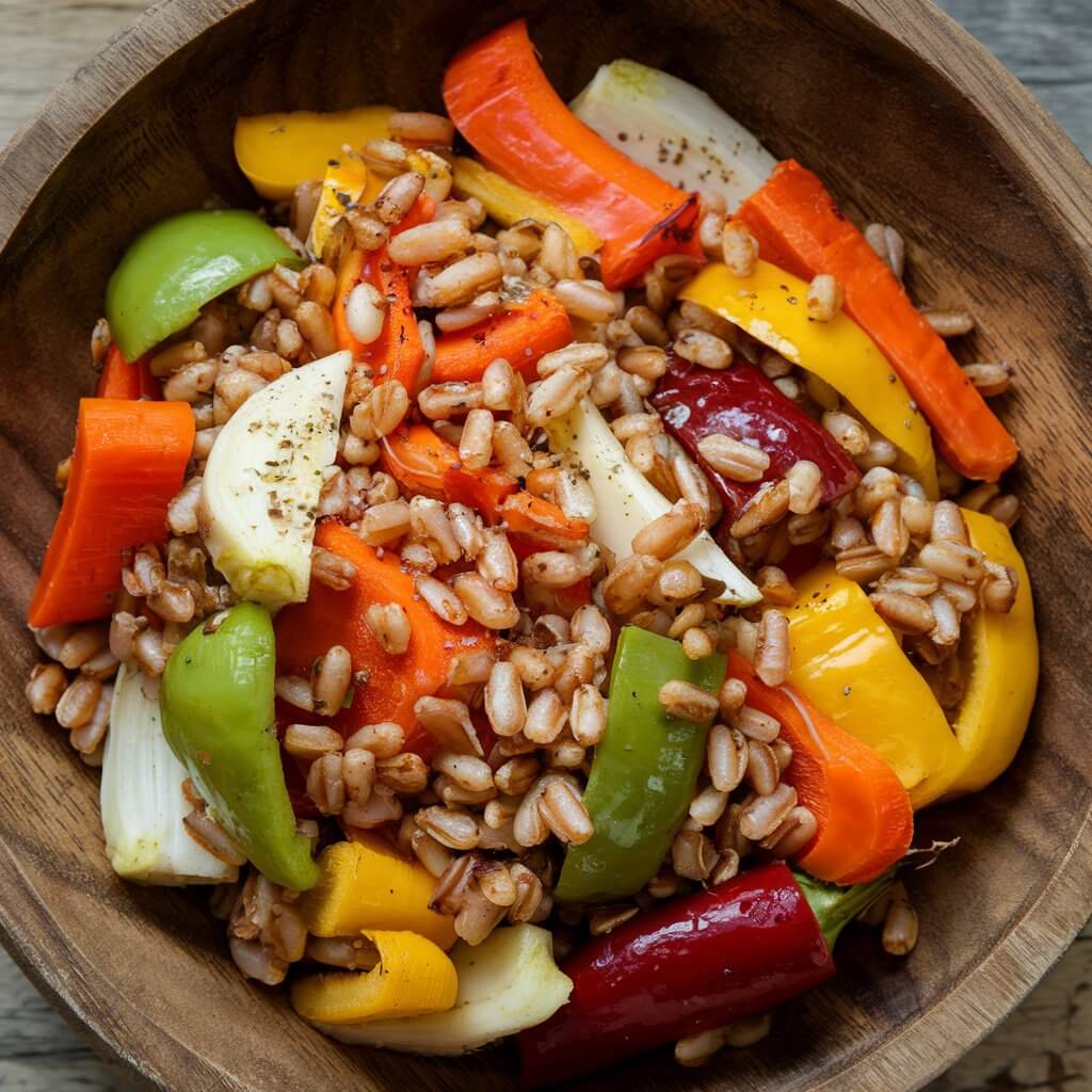 A photo of a wholesome salad with nutty farro mixed with roasted fall vegetables like carrots, parsnips, and bell peppers. The salad is presented in a rustic wooden bowl. The colorful vegetables and grains create a visually appealing contrast that highlights the hearty textures of this fall dish.