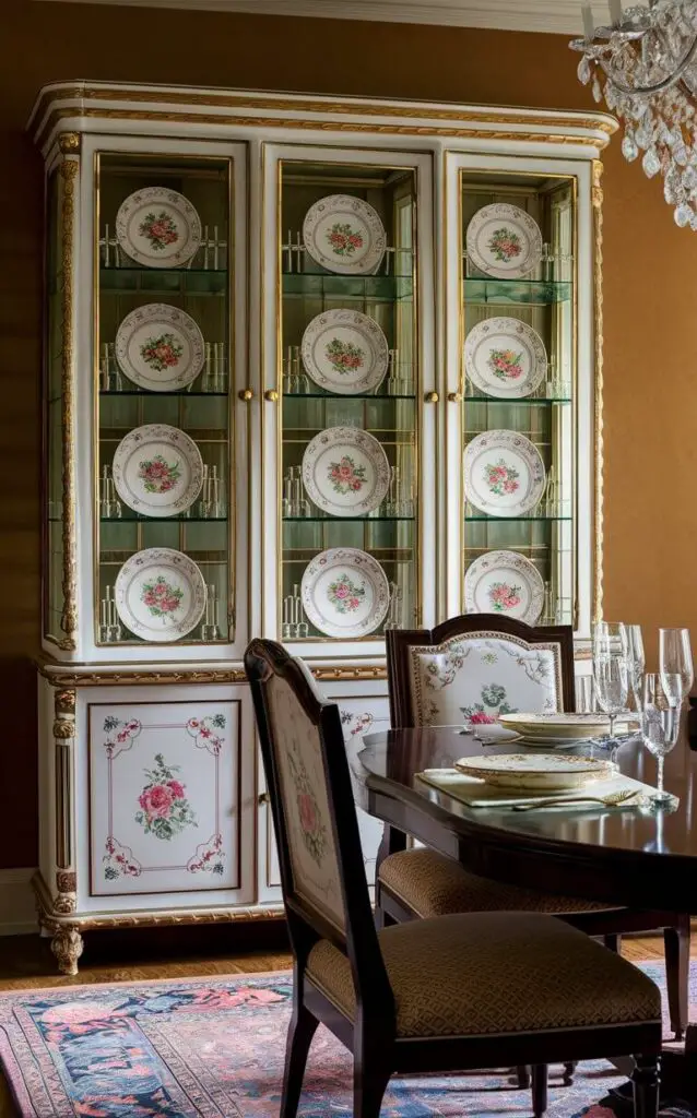 A traditional dining room featuring a glass-front cabinet displaying fine china with floral patterns and gold trim. The cabinet stands beside a dark wood dining table set with matching dinnerware. The room’s warm tones are complemented by a large, ornate rug and a crystal chandelier.