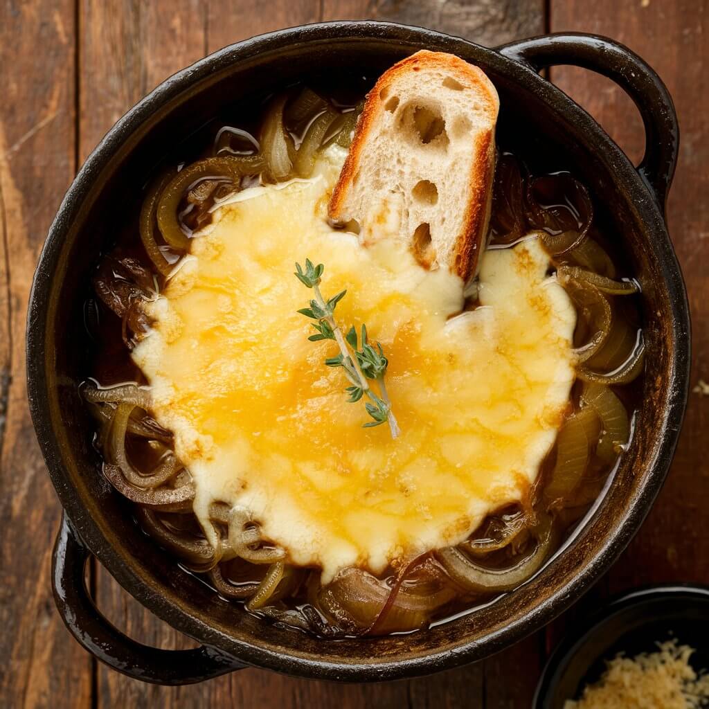 A rustic crock of French onion soup, with caramelized onions visible beneath a thick layer of melted Gruyère cheese. A slice of toasted baguette peeks through the cheese, adding texture. The crock sits on a wooden table with a small dish of extra cheese and a sprig of thyme.