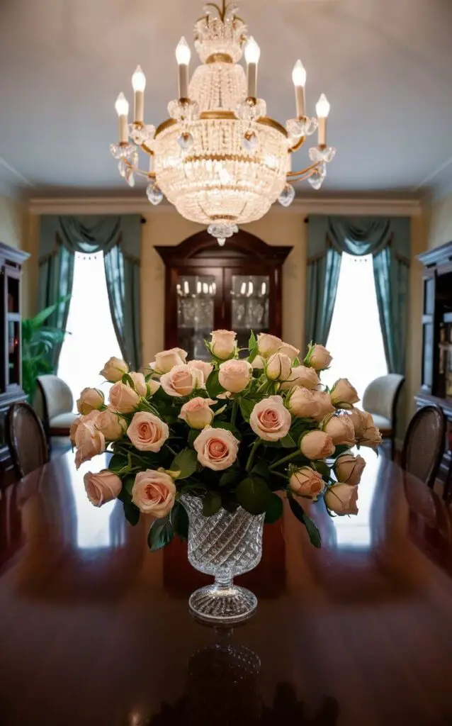 A traditional dining room with a beautiful arrangement of fresh roses in a crystal vase, placed as the centerpiece on a polished wooden dining table. The room is accented by a grand chandelier, dark wood furniture, and elegant drapes, creating a warm and inviting atmosphere.