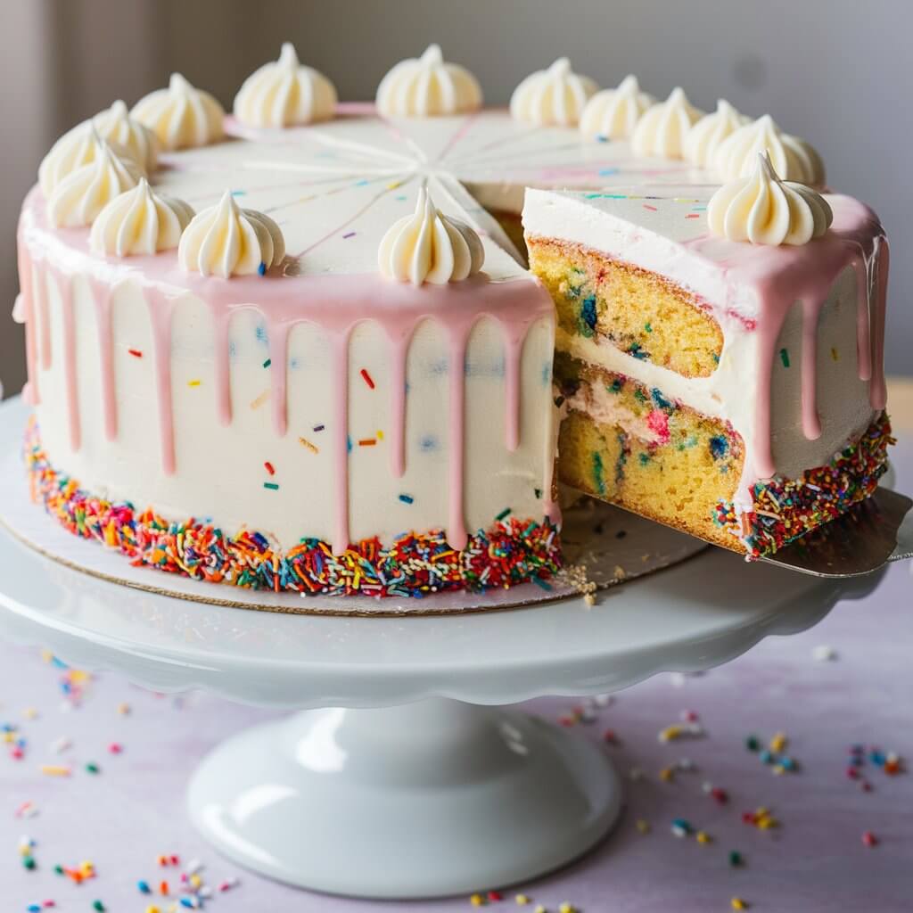 A whimsical Funfetti Cake displayed on a white pedestal cake stand. The cake features a smooth white frosting base with a light pink drizzle cascading down the sides. The bottom edge of the cake is decorated with colorful sprinkles, which also appear within the cake layers, visible in the slice being lifted out. The top of the cake is adorned with evenly spaced dollops of white frosting. The background is softly blurred, focusing attention on the vibrant, festive cake and scattered sprinkles on the surface below.