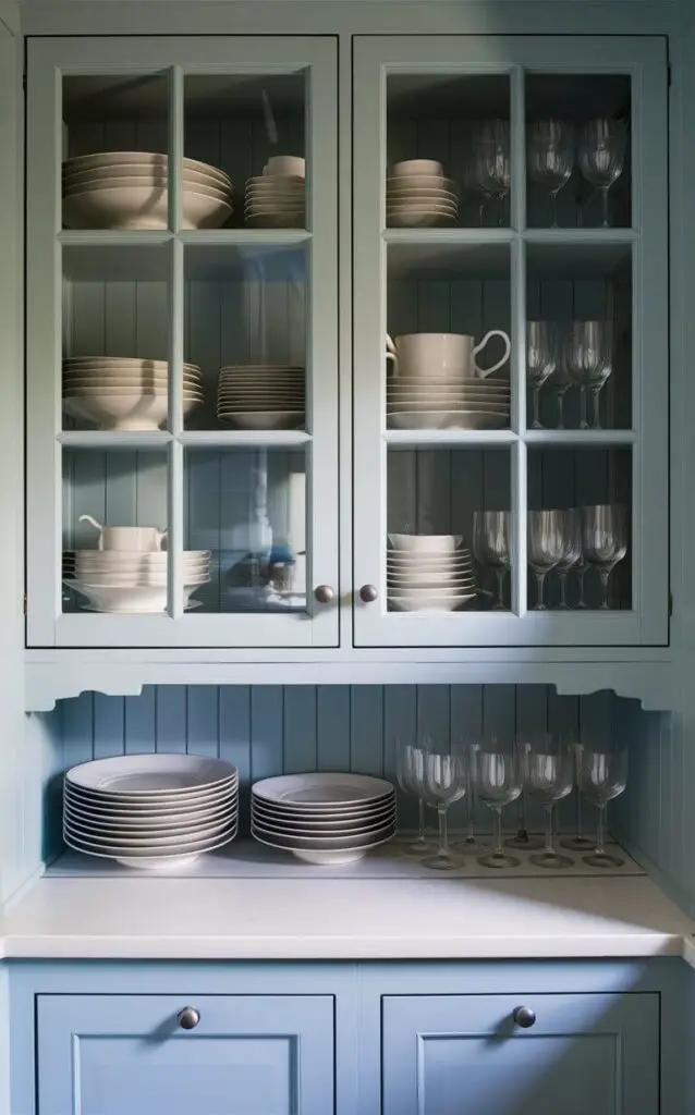 A small coastal kitchen with glass front cabinets displaying neatly arranged white dishes and glassware. The cabinets are painted in a soft blue, and the glass fronts create an open, airy feel while showcasing the beautiful contents inside.