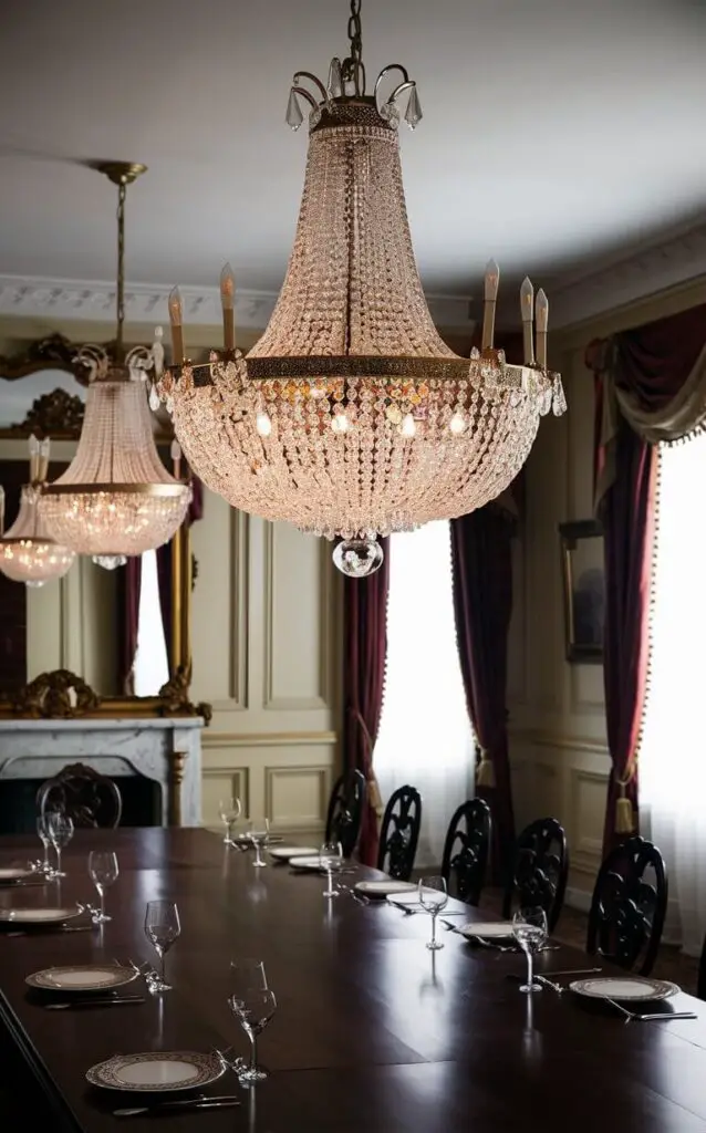 A traditional dining room with a stunning crystal chandelier as the focal point. The chandelier hangs elegantly above a long, dark wood dining table set with fine china. The room features wainscoting, rich drapes, and a large ornate mirror reflecting the light, enhancing the room’s luxurious ambiance.