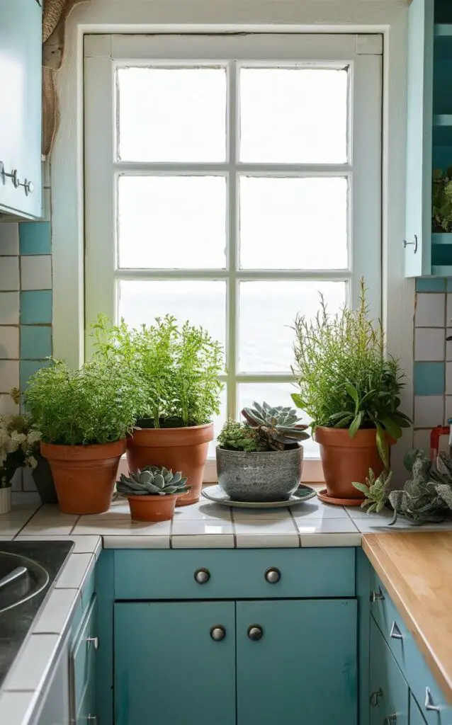 A small coastal kitchen with potted herbs and succulents placed on the windowsill and countertop. The greenery adds a fresh, vibrant element that complements the coastal decor, bringing a touch of nature into the space.