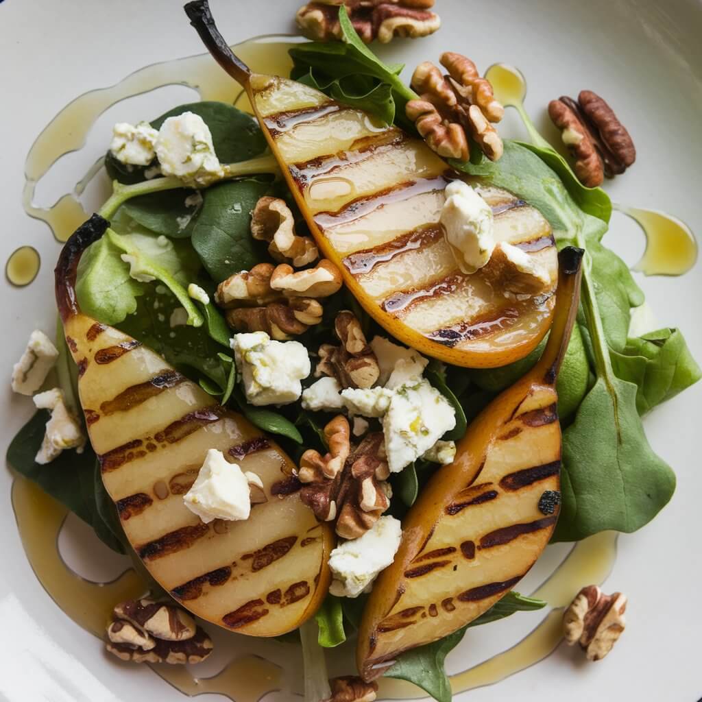 A sophisticated autumn-inspired salad featuring grilled pear slices, toasted walnuts, and crumbled blue cheese. The salad is drizzled with honey and lemon juice and is presented on a white plate. The caramelized pears and crunchy walnuts are artfully arranged to showcase the rich textures and flavors of the dish.