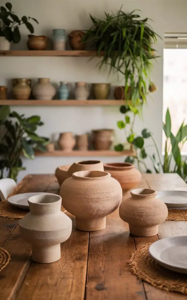 A boho dining room showcasing handmade pottery on the dining table and shelves. The unique shapes and textures of the pottery pieces add an artisanal touch. The rustic wooden table and indoor plants complete the earthy, boho look.