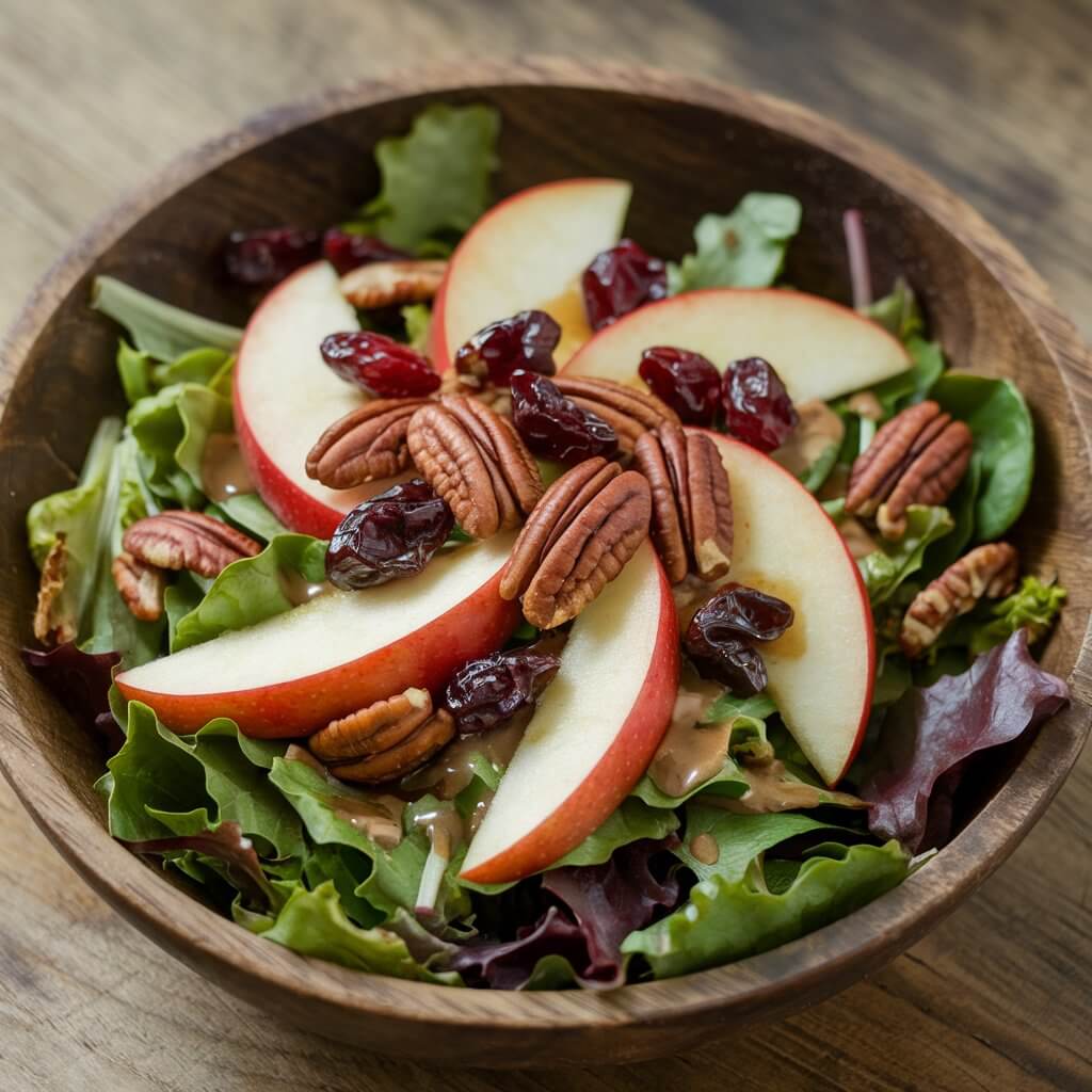 A photo of a rustic wooden bowl containing a vibrant autumn salad. The salad has a base of mixed greens, topped with crisp apple slices, crunchy pecans, and dried cranberries. The salad is lightly drizzled with a maple vinaigrette. The background is a wooden surface.