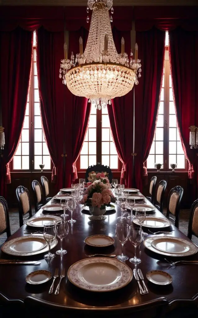 A luxurious traditional dining room, exuding elegance and sophistication. Floor-to-ceiling heavy red drapes frame large windows, casting a warm and inviting glow. The grand wooden dining table is set with exquisite fine china, each plate adorned with delicate patterns. An opulent chandelier hangs overhead, its crystals reflecting the soft light. The atmosphere is both grand and cozy, perfect for a formal dinner party or a intimate family gathering.