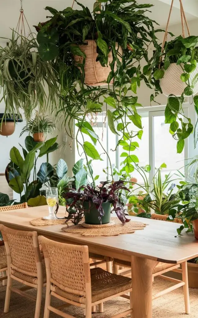 A boho dining room filled with an abundance of indoor plants, from hanging planters to large potted greenery. The natural elements create a fresh and vibrant atmosphere. The wooden dining table and woven chairs add to the earthy, boho aesthetic.