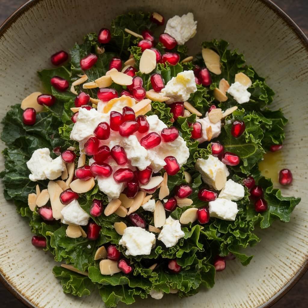 A colorful salad with dark green kale leaves massaged to a tender texture, topped with ruby-red pomegranate seeds, creamy goat cheese crumbles, and toasted almond slivers. The salad is served in a wide, shallow bowl, with the ingredients artistically arranged to showcase the vibrant fall colors.