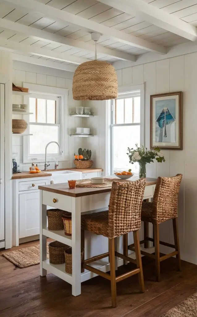 A small coastal kitchen with a compact island painted in soft white, providing extra counter space and storage. The island is accompanied by woven bar stools, creating a cozy spot for casual meals while maintaining the coastal aesthetic.