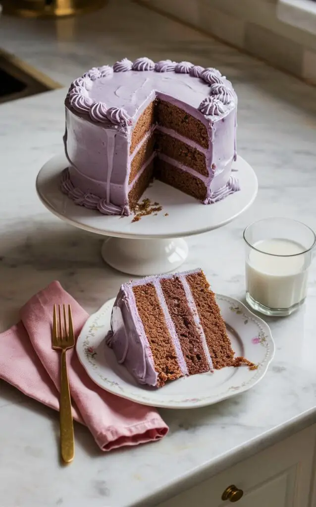 A beautifully presented Lavender Earl Grey Cake with three layers, frosted with creamy lavender icing. The cake is placed on a white cake stand, with a slice cut out and placed on a decorative white plate with a floral design. The slice reveals the vibrant brown interior and thick layers of lavender frosting. To the left of the plate, a gold fork rests on a pink napkin, adding an elegant touch. In the background, a glass of milk sits on the marble countertop, ready to accompany the delicious cake. The scene is set against a light-colored kitchen backdrop, enhancing the cake's rich lavender color.