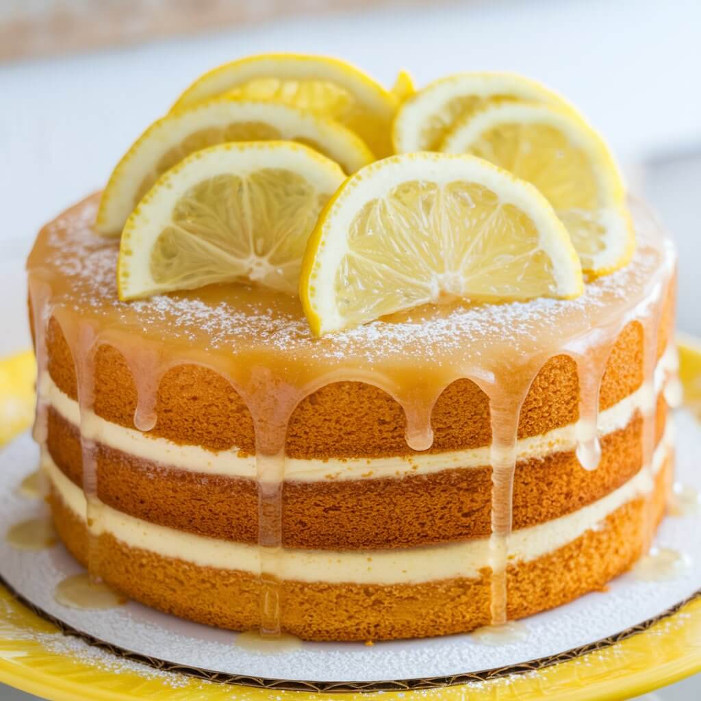 A photo of a lemon drizzle birthday cake with bright, zesty layers and a light, glossy lemon glaze. The cake is topped with thin lemon slices and a sprinkle of powdered sugar, creating a fresh and vibrant look. It's displayed on a cheerful, yellow cake plate, perfect for a refreshing birthday treat.