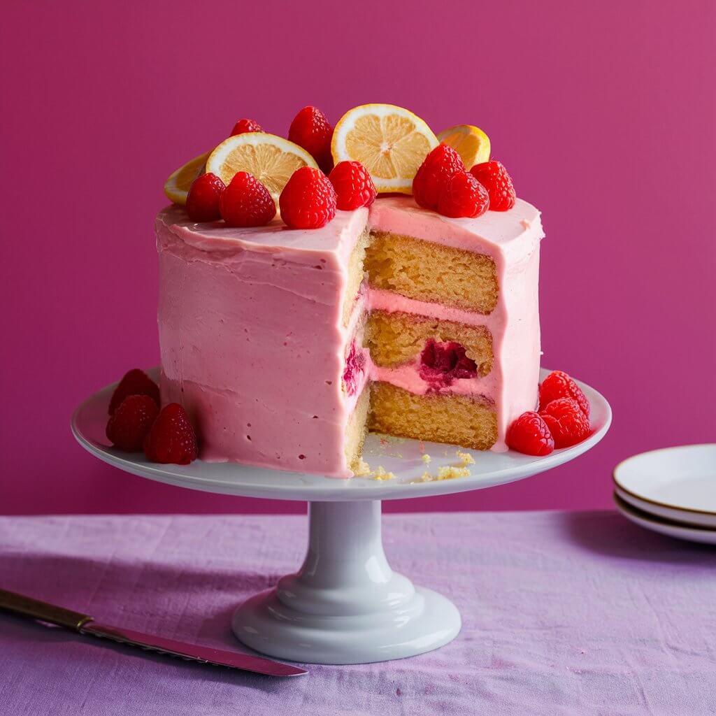 A vibrant Lemon Raspberry Cake with three yellow layers, frosted with pale pink icing, and filled with yellow lemon curd and pink raspberry frosting.