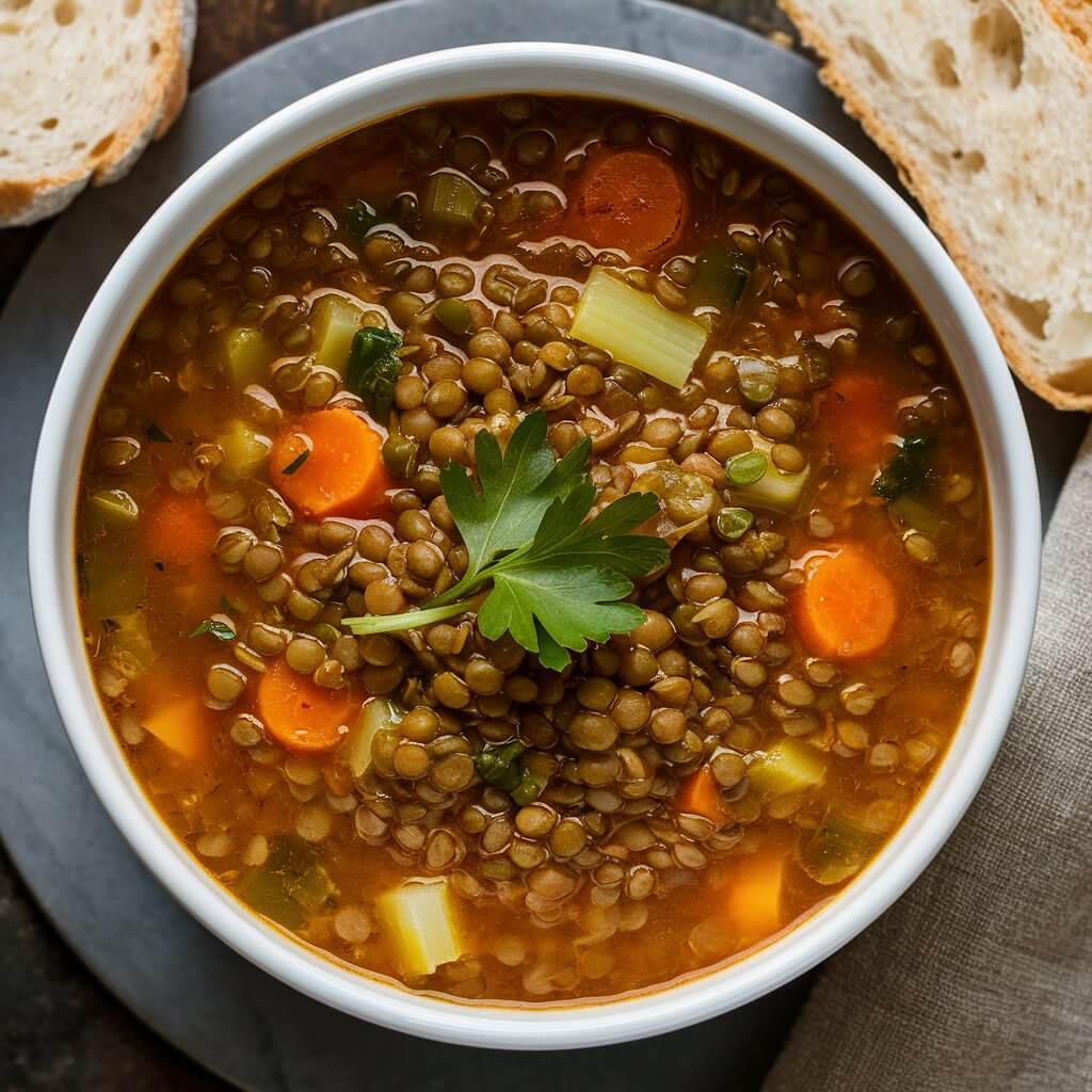 A hearty bowl of lentil soup, rich with earthy tones and speckled with colorful vegetables like carrots and celery. Garnished with a sprig of fresh parsley and served with a slice of crusty bread on the side. The scene is set with a rustic table and a linen napkin.